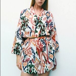 Zara Colorful Ikat Southwestern Boho Linen Puff Sleeve Kimono Duster Medium